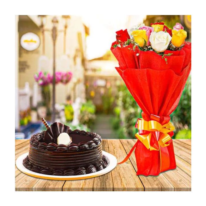 Eggless Chocolate Truffle Cake Half Kg with 6 Mix Roses