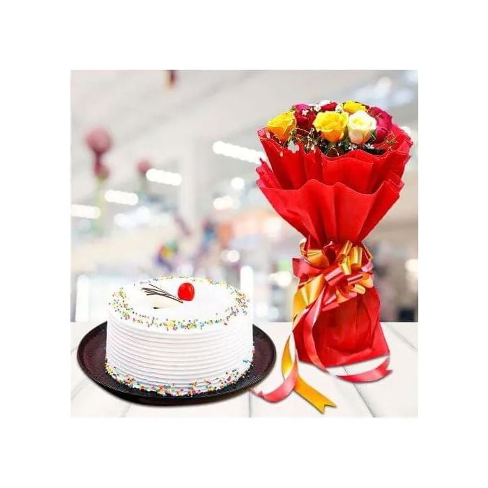 Eggless Delectable Vanilla Cake Half Kgs with 6 Mix Roses Bunch