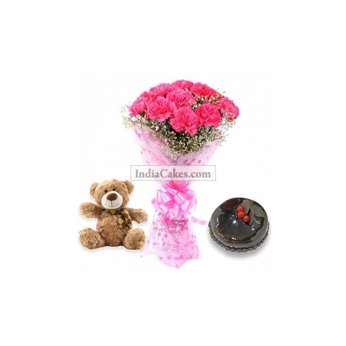 10 Pink Carnations Bunch And Half Kg Chocolate Cake With 6 Inch Teddy