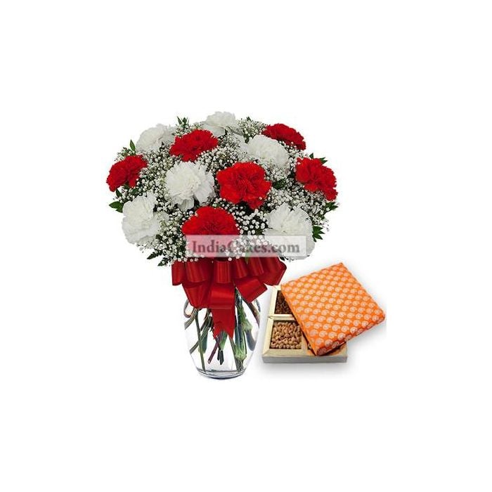 12 Red And White Carnation Bunch And Half Kg Dry Fruits