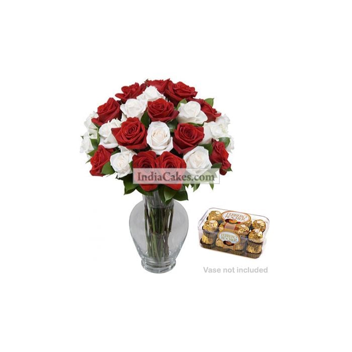 20 Red And White Roses Bunch And 16 Pieces Ferrero Rocher Chocolates