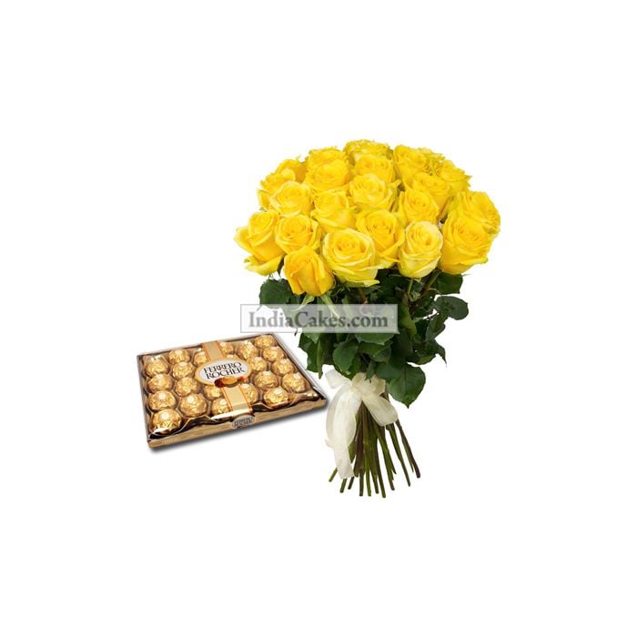 20 Yellow Roses Bunch And 24 Ferrero Rocher Chocolates