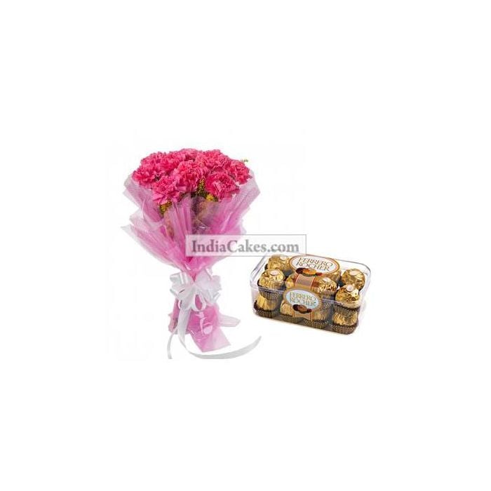 10 Pink Carnations Bunch And 16 Ferrero Rocher Chocolates