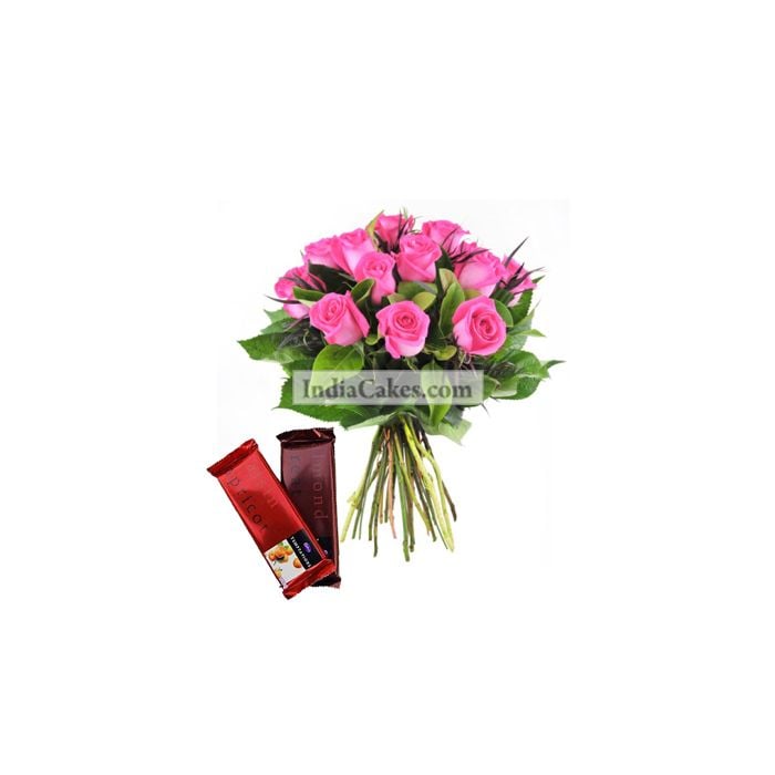 12 Pink Roses Bunch And 2 Cadbury Temptation