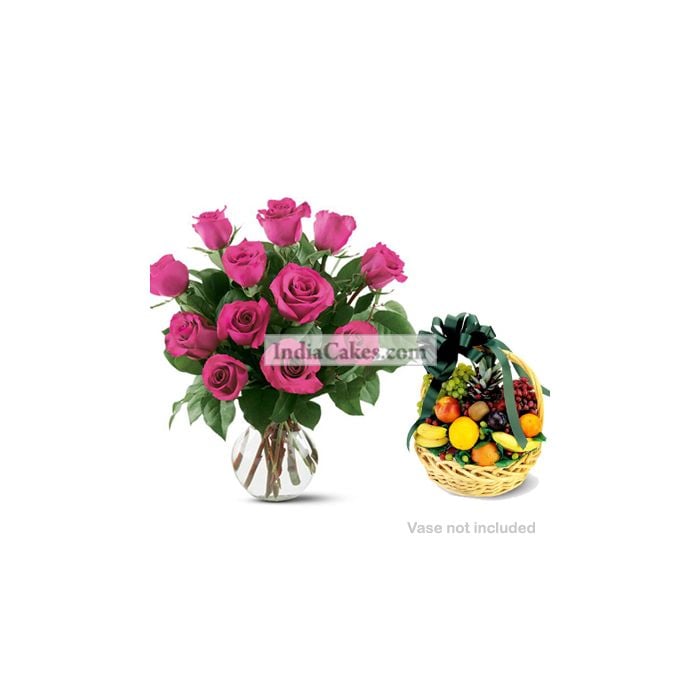 12 Pink Roses Bunch And 2 Kg Fruits Basket