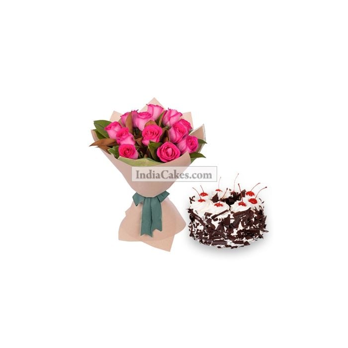 12 Pink Roses Bunch And Half Kg Black Forest Cake