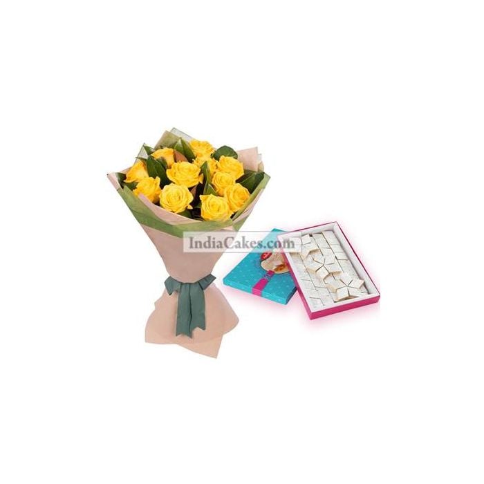 12 Yellow Roses bunch And Half Kg Kaju Barfi