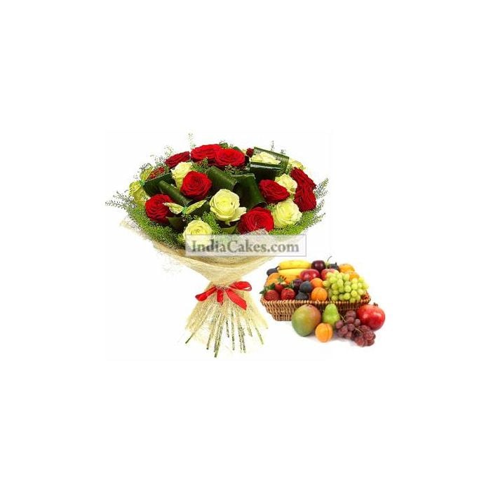 18 Red And Yellow Roses Bunch And 2 Kg Seasonal Fruits Basket