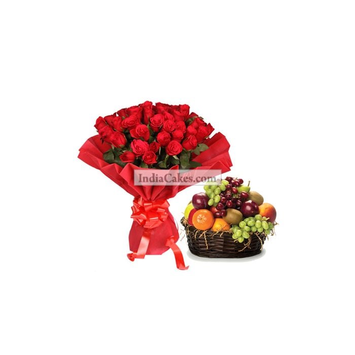 20 Red Roses Bunch And 2 Kg Fresh Fruits Basket