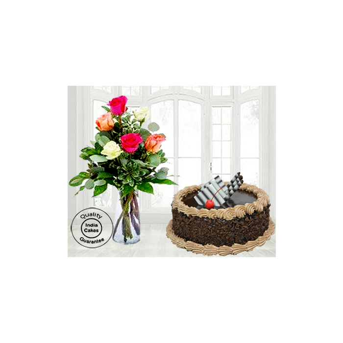 Rich Choco Truffle Cake Half Kg with 6 Mix Roses