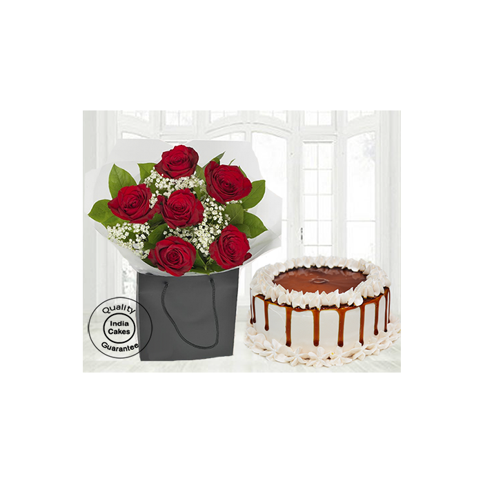 Special Butterscotch Cake Half Kg with 6 Red Roses