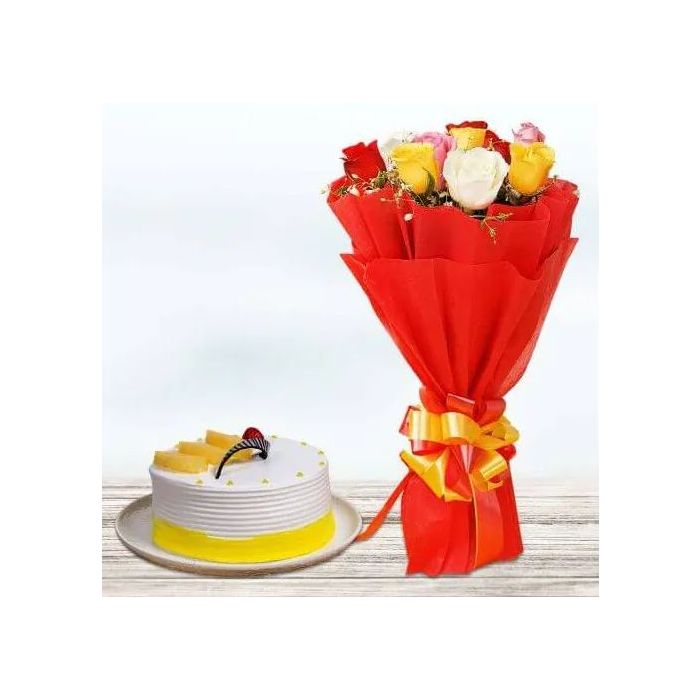 Eggless Yummy Pineapple Cake Half Kgs with 6 Mix Roses Bunch